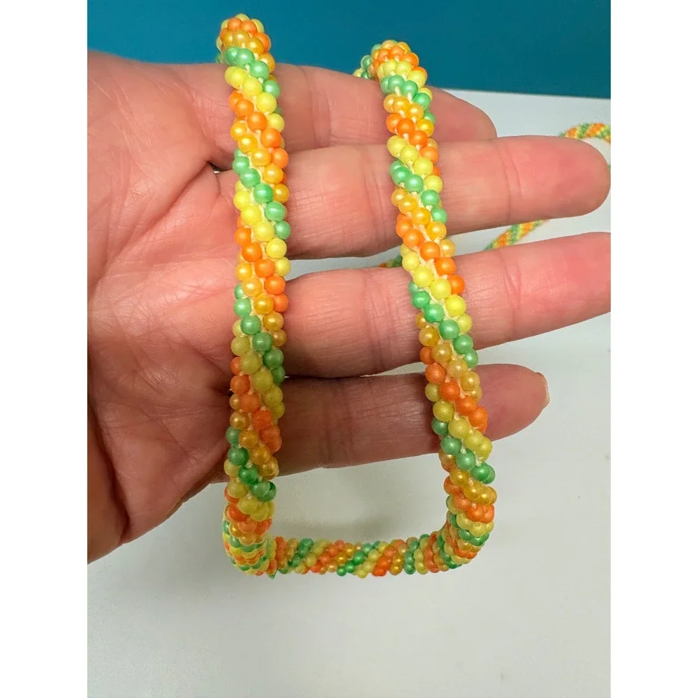 Vintage Style Orange Green Yellow Beaded Rope Necklace Spiral Seed Bead 50 Inch